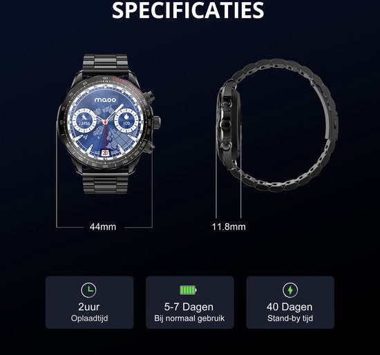 Maoo Titan AMOLED Smartwatch Herren - Edelstahl und 2 TPU-Bänder - Schrittzähler - Herzfrequenzmesser - Schlafüberwachung - Multisport - Geeignet für Android und iOS - Schwarz