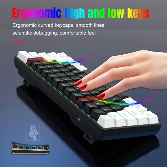 HXSJ V900 - Wired Gaming Keyboard - Mechanisch - RGB - Blauer Schalter - 61 Tasten - QWERTY-Tastaturen - Schwarz weiß