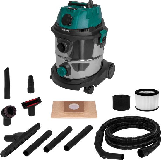 VONROC Nass- und Trockensauger / Staubsauger - 1400W - Einschaltautomatik - Blasfunktion - 20L Edelstahlbehälter - 3m Schlauch - 6m Netzkabel