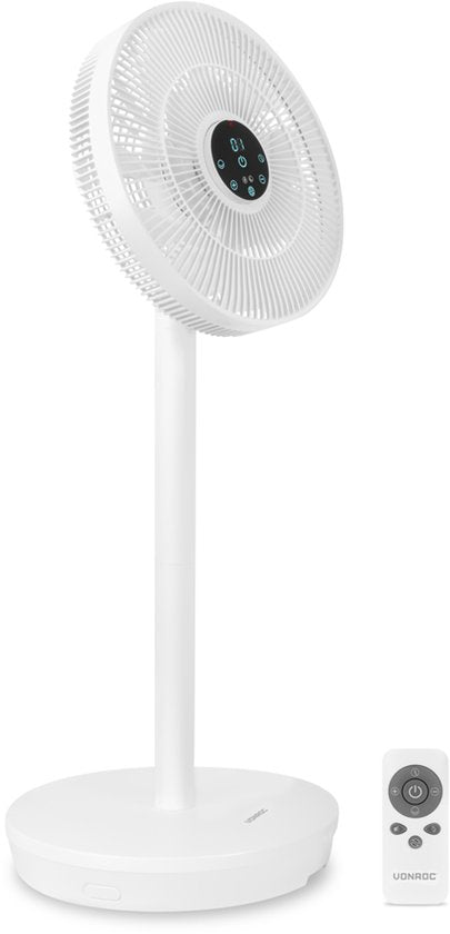 VONROC BREEZE Wireless Fan - Flüsterleise (<44 dB) - 24 Geschwindigkeitsstufen - leicht und tragbar - 3 Windmodi: Natural, Sleep, Normal - Modular: sowohl Tisch- als auch Bodenventilator - Luxus-Touch-Display - Inkl. Fernbedienung - Weiß
