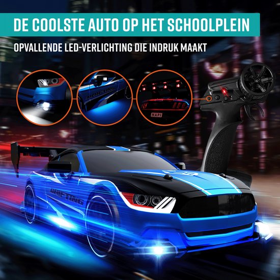 NAPI Controllable RC Car - Drift Car mit 2 Batterien, LED & Zubehör - 15 km/h - Outdoor-Spielzeug - Rennautos für Jungen & Erwachsene - Outdoor-Spielzeug - Spielzeugauto Radiographic - Drift King