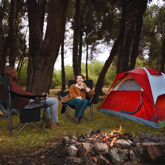 TRVLMORE Campingstühle - Zusammenklappbar - 2 Stück - XL - Klappstühle - 150 kg Belastbarkeit - Getränkehalter - Kühlfach - Seitentasche - Schwarz