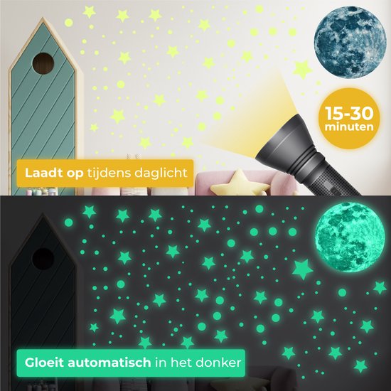 Nuvance - Glow in the Dark Sterne und Mond - 442 Stück - Wandaufkleber Kinderzimmer