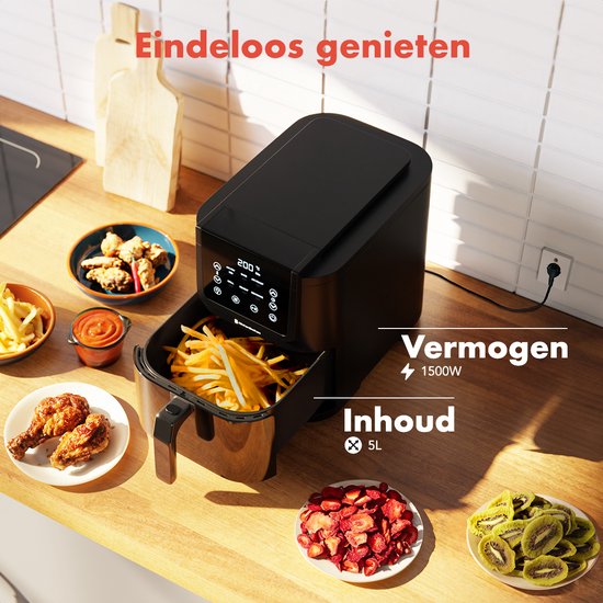 KitchenBrothers Airfryer XL - 5L - 1500W - Heißluftfritteuse - 60ºC bis 200ºC - Kleines Design - Extra leise - 6 Kochprogramme - Schwarz
