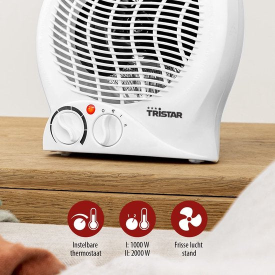 Elektrokocher Tristar KA-5039 - 2 Heizstufen - Kompaktkocher mit Ventilator - Campingkocher - Heizbereich bis zu 25 m² - 2000W - Weiß