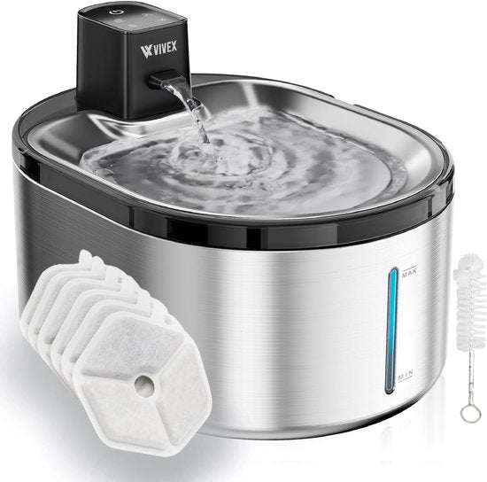 Vivex® Kabelloser Trinkbrunnen - Edelstahl - 4,5 Liter - Trinkbrunnen für Katzen und Hunde - Mit Sensor und Batterie - Inkl. 6 Filtern und Reinigung - Flüsterleise