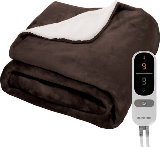 Auronic Electric Blanket - Wärmedecke - Sherpa Fleece - 9 Wärme- und Timer-Einstellungen - Decke - 180x130 - 1 Person - Braun