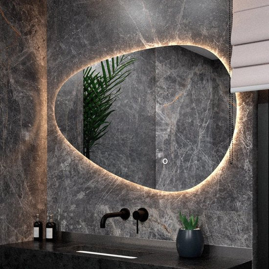 Mirlux Badezimmerspiegel mit LED-Beleuchtung - Asymmetrisch - Organischer Wandspiegel - Anti-Kondensations-Duschspiegel - Wandspiegel 120x75CM