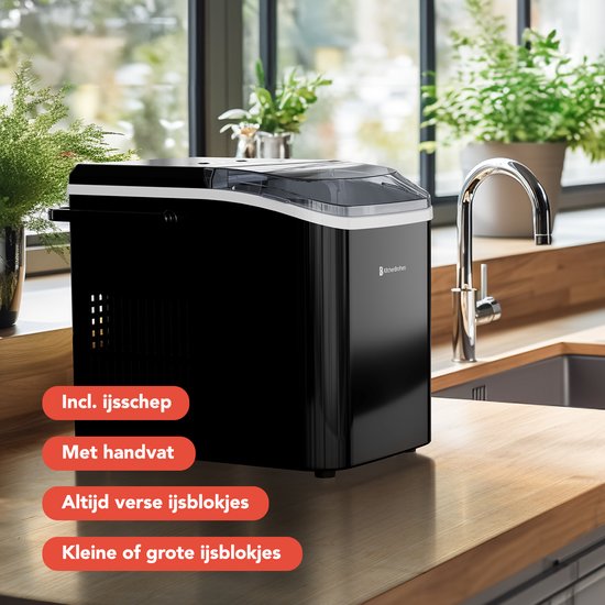 KitchenBrothers Eiswürfelbereiter - 1.5L - Eiswürfelbereiter - 12kg/24 Stunden - Tragbar - Selbstreinigungsfunktion - Schwarz