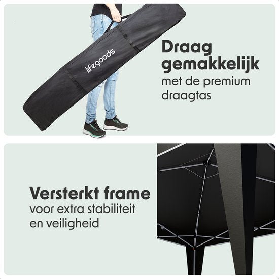 LifeGoods Party Tent Plus - Faltzelt - 3x3 m - Easy Up - Verstärkter Rahmen - Wasserdicht - Tragetasche - Schwarz