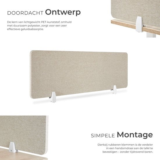 tectake® Desk Screen Divider Noisy - Mit schallabsorbierendem PET-Kern - Inklusive 2 Befestigungsclips - Größe (LxB) 130 x 40 cm - Beige