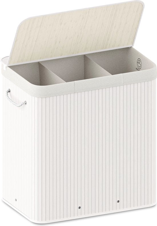 Organess Wäschekorb mit 3 Fächern – Wäschetrennkorb – Wäschekorb mit Deckel – Zusammenklappbar – 150 l – Weißer Bambus