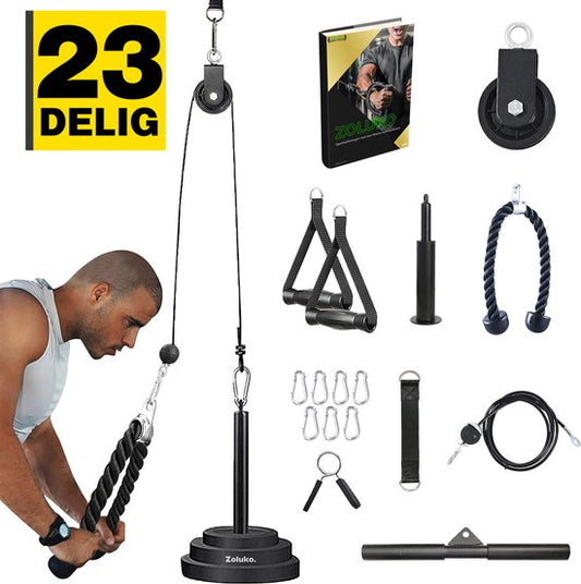 Zoluko Home Fitness Cable System 23-teiliges Set - Inkl. E-Book - Kraftstation für den Heimsport - Inkl. Trizepsseil, Bizepsstange und Griffe - 100kg Tragkraft - Einfache Befestigung - Krafttraining - Lat Pulley - Home Gym - Schwarz/Silber