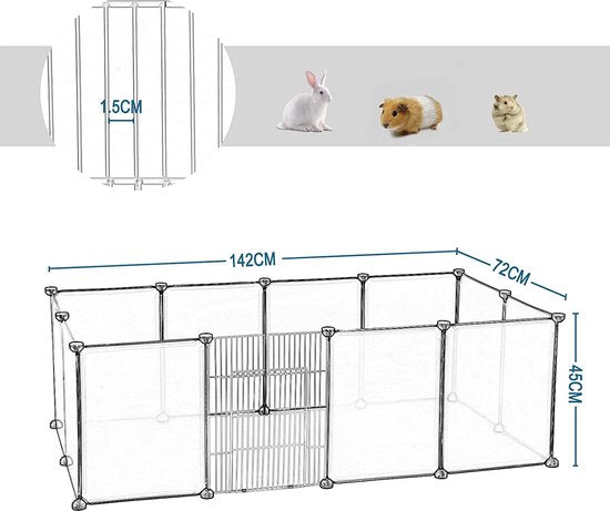 EUGAD Kunststoff-Freilaufstall für Kaninchen und Meerschweinchen, Gehege mit 12 Brettern (35x45cm/Brett), transparenter Hamsterstall, BHT 145x46x75cm