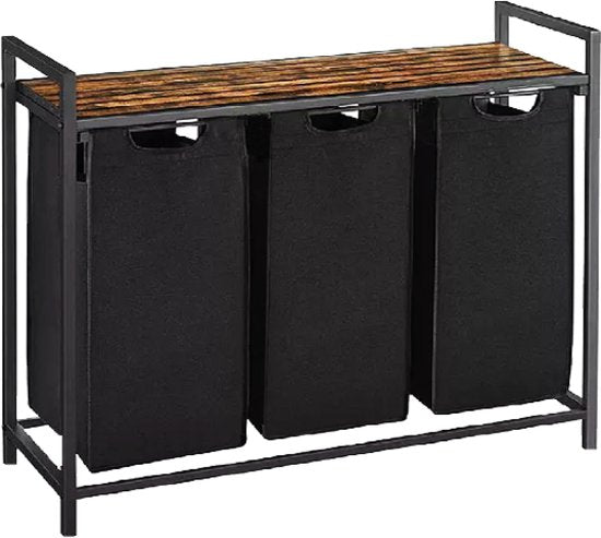 BRASQ Wäschekorb 3 Fächer - Wäschesortierer 114 Liter - Ausziehbar mit Regal 92,5x33x71 cm - Wäschebox Schwarz Metall - Braunes Holz - Korb