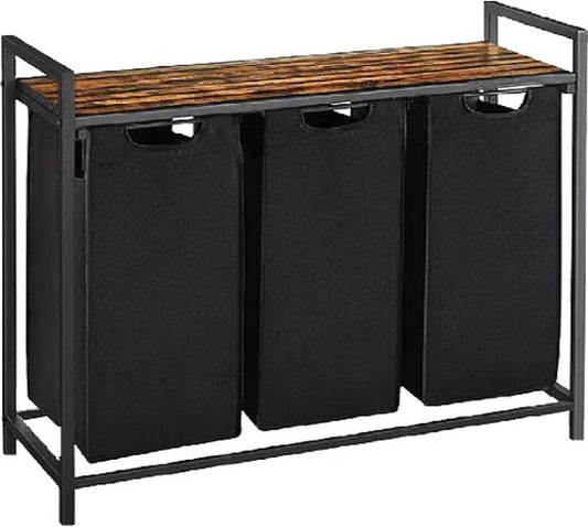 BRASQ Wäschekorb 3 Fächer - Wäschesortierer 114 Liter - Ausziehbar mit Regal 92,5x33x71 cm - Wäschebox Schwarz Metall - Braunes Holz - Korb