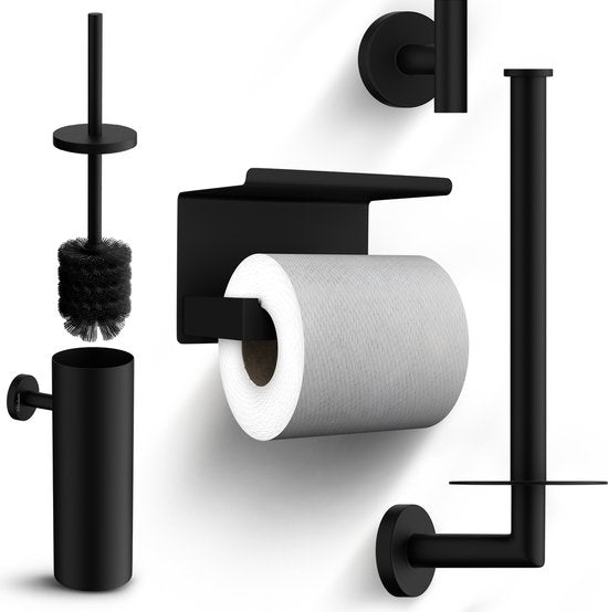 Mirlux Bad-Accessoires Set - Toilettenbürste mit Halter - Toilettenpapierhalter - Toilettenpapierhalter ohne Bohren - Handtuchhaken Selbstklebend - Ersatzpapierhalter - Toilettenbürstenhalter - Schwarz