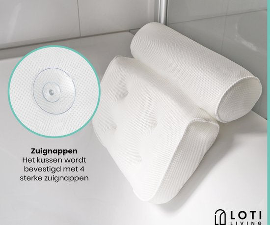 Loti Living Badekissen für die Badewanne - Badekissen - Nackenkissen für die Badewanne - Kopfstütze für die Badewanne - Badekissen mit Saugnäpfen - 6 Saugnäpfe - Ergonomisches Nackenkissen - Anti-Rutsch - Weiß