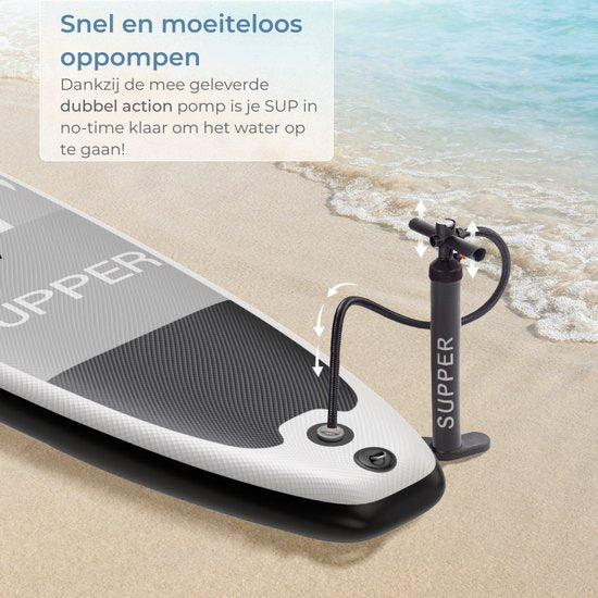 Supper Sup Board - Max. 120KG - Aufblasbar - Paddle Board - Pumpe - Finne - Leash - Tragetasche - 285 x 76 cm - Schwarz