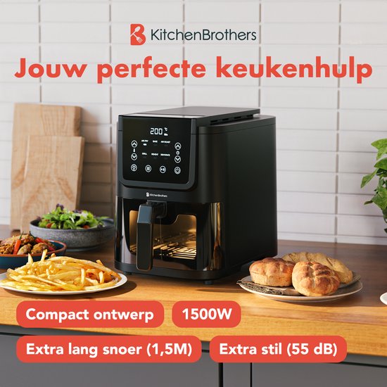 KitchenBrothers Airfryer XL - 5L - 1500W - Heißluftfritteuse - 60ºC bis 200ºC - Kleines Design - Extra leise - 6 Kochprogramme - Schwarz