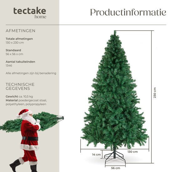 tectake Künstlicher Weihnachtsbaum - Geschlossener künstlicher Weihnachtsbaum mit biegsamen Tannenzweigen und Stahlständer - 230 cm, 1346 Nadeln - Grün, ideal für Weihnachtsdekorationen