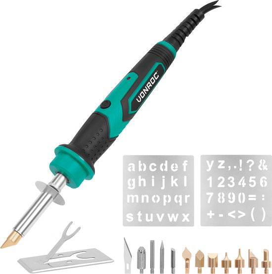 VONROC Holzbrenner - Lötkolben - 30W - Pyrographie-Set - 8 Holzbrennspitzen - 3 Lötspitzen - 2 Zahlen- und Zahlenschablonen