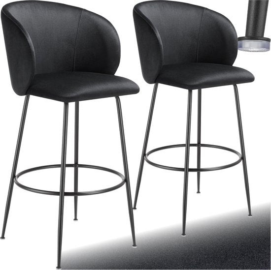 tectake® - 2er Set Barhocker Luana - Gepolsterter Barhocker mit Rückenlehne - Barhocker mit Fußstütze - Esszimmerstuhl mit Samtpolsterung - Stabile Stahlbeine mit rutschfestem Bodenschutz - Schwarz/schwarz