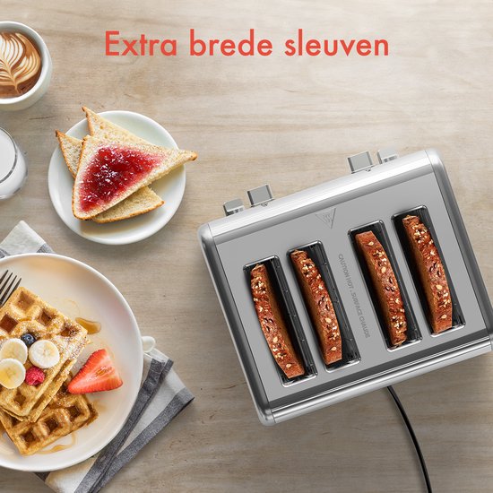 KitchenBrothers Toaster - Toaster - 6 Heizstufen - 4 extra breite Schlitze - 1630W - Edelstahl/Silber