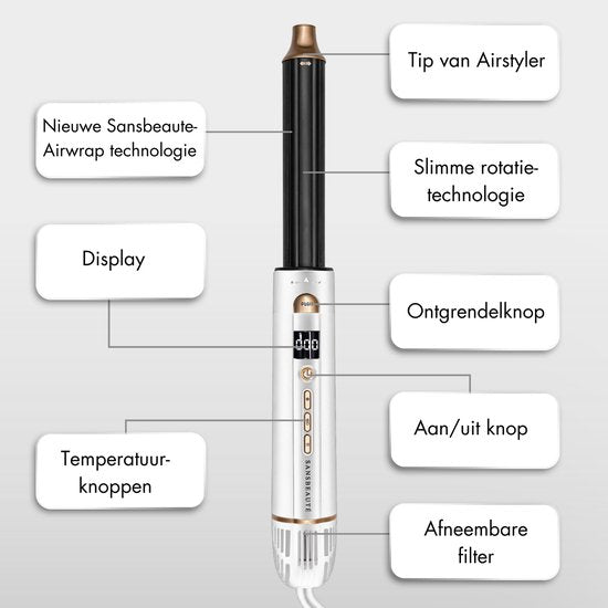 Sansbeauté® 8-in-1-Lockenbürste - Mit Diffusor und Aufbewahrungsbox - Multistyler - Fönbürste für kurzes Haar - Haarstyler - Haartrockner - Wärmebürste - Lockenbürste - Lockenstab - Stylingbürste - Drehkabel