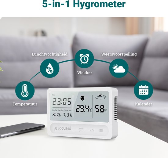 Spoused Digital Hygrometer - Raumthermometer - Luftfeuchtigkeitsmesser - Wetterstation - Weiß