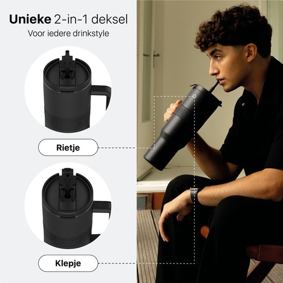 ONYX Trinkflasche mit Strohhalm 1 Liter - Trinkflasche für Kinder & Erwachsene - Thermosbecher Edelstahl Reisebecher - Motivationstrinker - Trinkbecher für die Schule - Onyx Schwarz