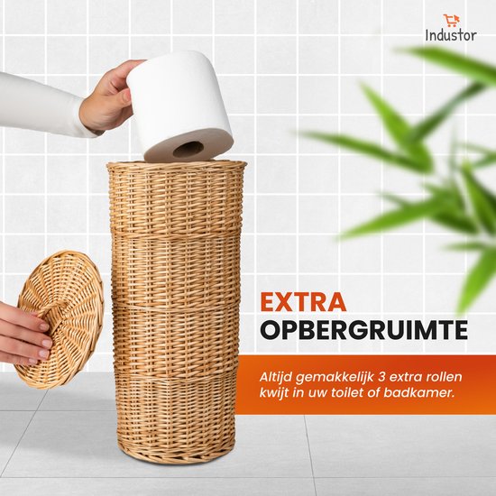 Industor® Toilettenpapierhalter Standing of hand-woven Wicker - Toilettenpapierhalter für 3 Rollen mit Deckel - Toilettenpapierhalter, Badaccessoires und Dekoration