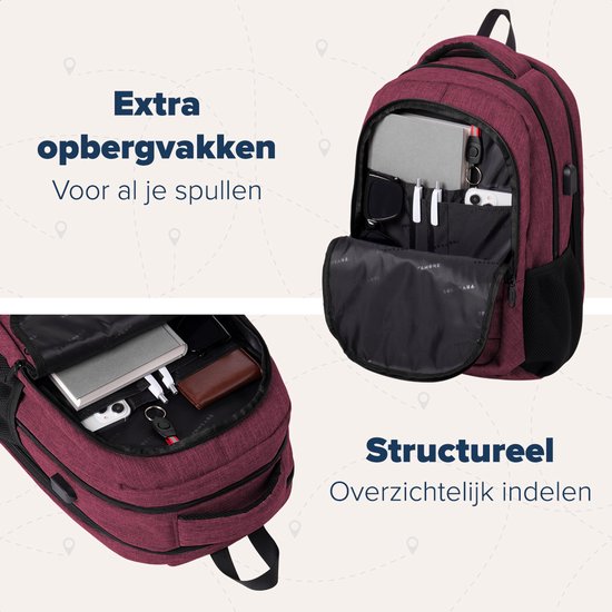 TRVLMORE Rucksack mit Lifetime - Rucksack mit 15.6 Zoll Laptopfach - Schultasche - spritzwassergeschützt - Männer und Frauen - Jungen und Mädchen - 28L - Burgunderrot