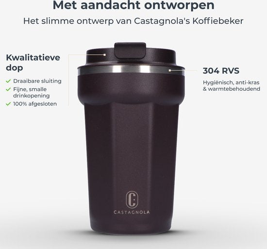 Castagnola Thermos Cup - Kaffeebecher To Go - Reisebecher für Kaffee und Tee - Teebecher - 380 ML - Edelstahl - Braun - Octagon