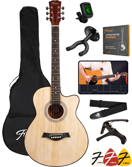 Finesse Akustikgitarre - mit Videokurs - 4/4 40" - Westerngitarre - Gitarre Kinder & Erwachsene - Natur