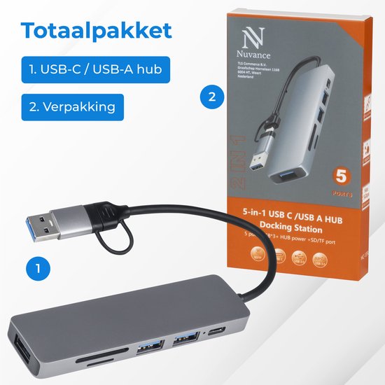 Nuvance - USB-C-Hub 3.0 - 5 Anschlüsse - USB-Splitter - USB-C-Dock - Micro SD-Kartenleser USB C - Grau