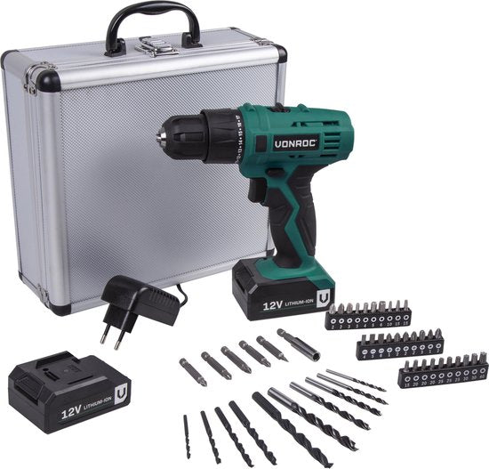 VONROC Akku-Bohrmaschine - 12V Li-Ion - Inkl. Aluminium-Koffer, 46 Zubehörteile, 2x Akku & Ladegerät