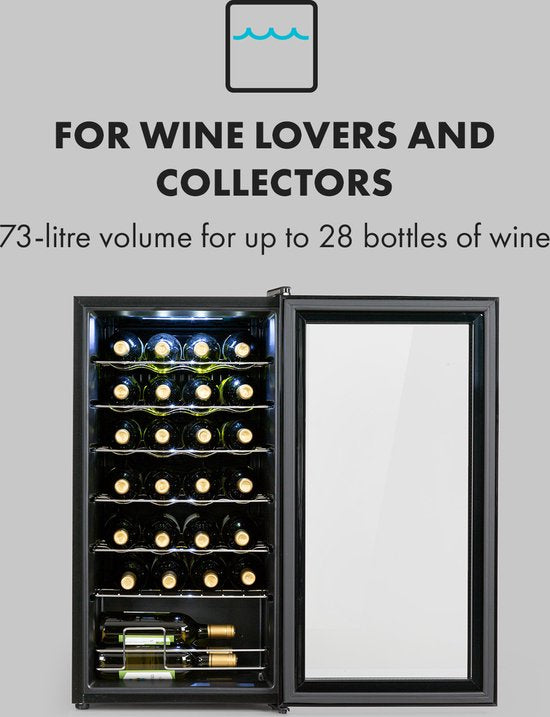 Klarstein Shiraz 28 Uno Weinkühlschrank – 74 Liter – Platz für 28 Flaschen – mit Touch-Bedienung – Temperaturbereich 5–18 °C – Schwarz
