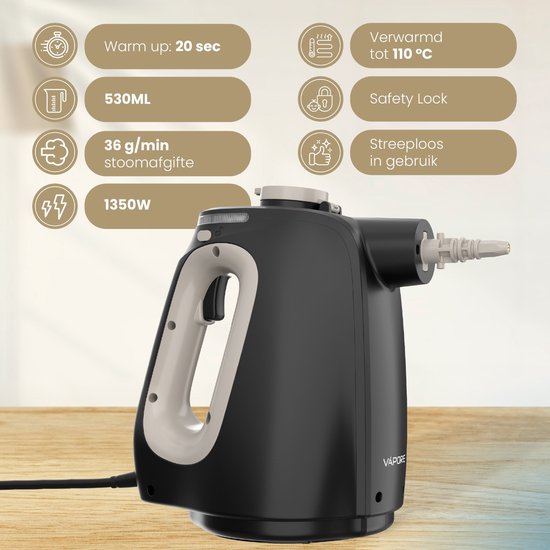 Vapore 11-in-1 Dampfreiniger - 1350W - 530ML - Inkl. Aufbewahrungsbeutel - Für Boden, Bad, Kleidung und Sofa - Schwarz