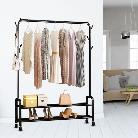 Vonia Kleiderständer 157 x 34 x 105 cm - Kleiderständer auf Rädern - Kleiderständer mit Schuhregal - Kleiderständer Metall - Garderobenständer - Schwarz