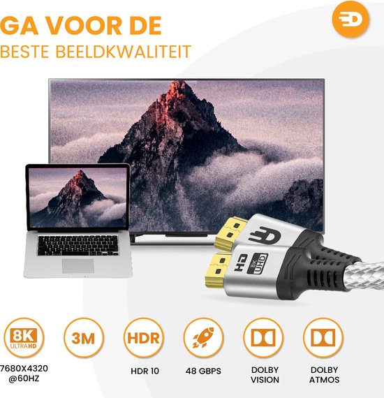 HDMI-Kabel 2.1 - Ultra HD High Speed - HDMI zu HDMI - Geeignet für Xbox Series X & PS5 - 1 Meter - Nylon - Silberweiß
