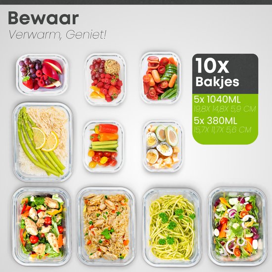 Savoré Küche Aufbewahrungsschalen Set - mit Dampf Deckel - Mahlzeit Prep Trays - Gefrierschrank Trays Glas - luftdicht - 10 Stück - 1040 & 380 ML