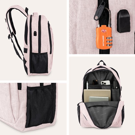 TRVLMORE Rucksack - 36L - 17.3 Zoll - Laptop-Rucksack mit USB - Schultasche - Herren und Damen - Tasche -Lebenslang - Pink