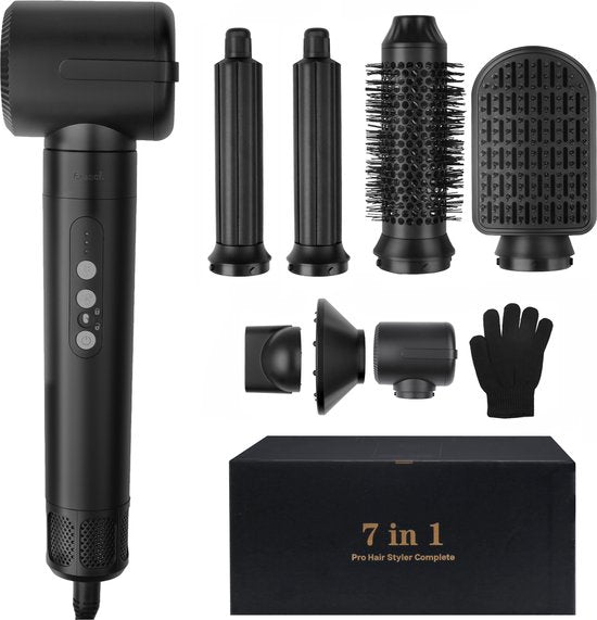 Saaf Hairdryer brush 7 in 1 - 8-teiliges Set - Haartrockner - Styling- und Lockenbürste - Haarwickel - Airstyler - Multistyler - Schwarz