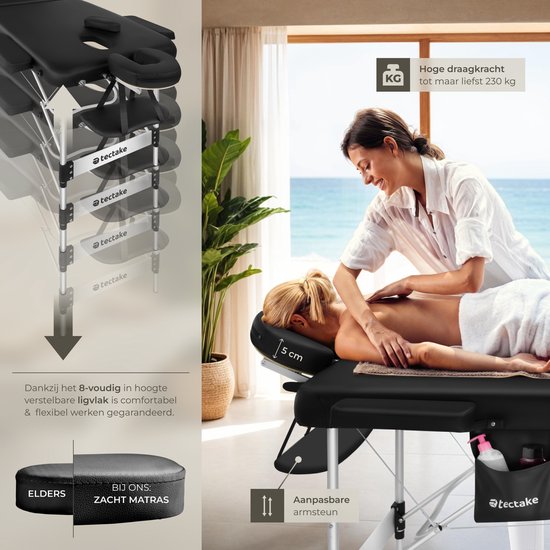 tectake® 3-Zonen-Massagetisch - 70cm breit - Behandlungsliege mit 5cm dicker Polsterung und Aluminiumrahmen - Inklusive 15 Kopfstützentüchern und Tragetasche - Maximale Belastbarkeit 230kg - Schwarz