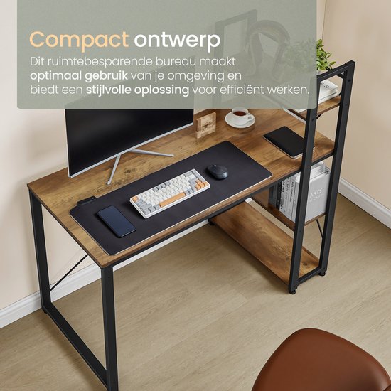 O'DADDY® Schreibtisch mit verstellbaren Füßen - Schreibtisch - Computertisch - Game Desk - Gaming Desk Small - Schreibtischmöbel - 120 x 60 cm - Bücherregal - Computertisch - Braun