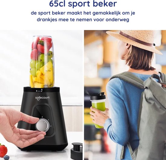Safecourt Küchenmixer - Leistungsstarker - 1200-Watt-Mixer - Mit To-Go-Becher - 3 Ständer - Schwarz