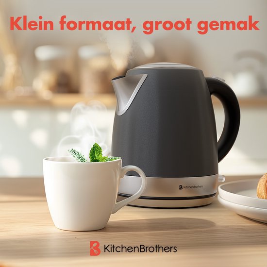 KitchenBrothers Wasserkocher - Elektrisch - 1 Liter - Kleine Campinggröße - Reise-Wasserkocher mit Kalkfilter - Titanium Grau/RVS