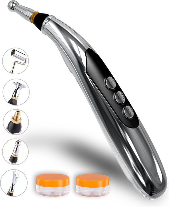 Bolusso Komplettes Akupunktur-Stift-Set - Enthält 5 Kopfstücke - Holländisches Handbuch - Massage-Stift und Werkzeug - Wiederaufladbar - Einschließlich Gel-Töpfe