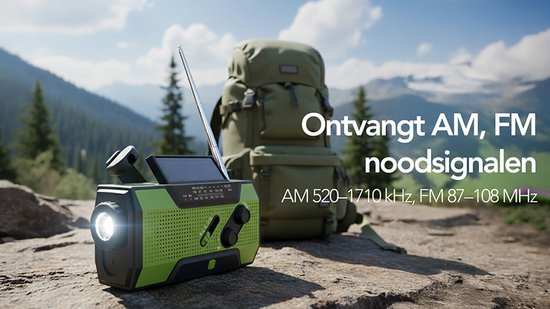 Brixy Emergency Radio - Radio mit Batterie für Notfälle - 5000 MAH - aufwickelbar - Solar - Taschenlampe - Powerbank - Grün